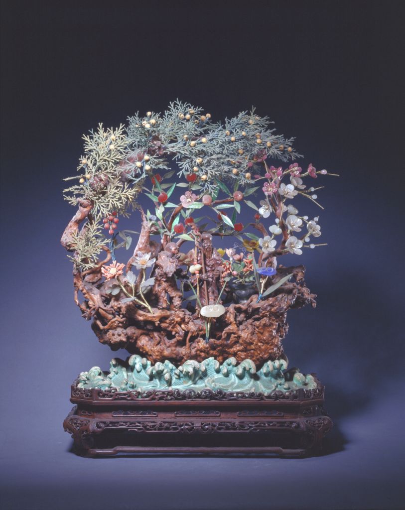 图片[1]-Woodcarving longevity fairyland inlaid with gemstone flowers bonsai-China Archive